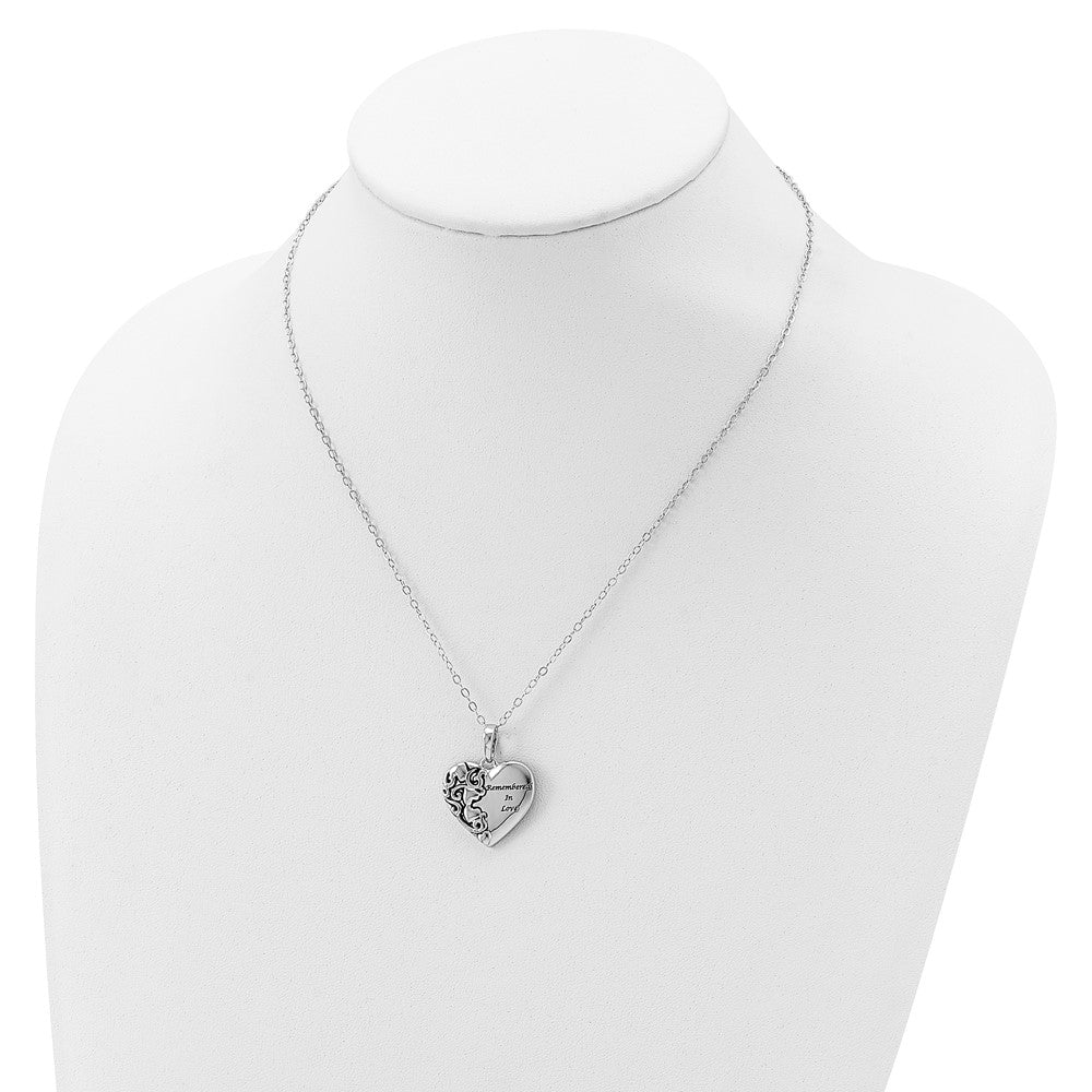 Sentimental Expressions Sterling Silver Rhodium-plated Antiqued Remembered in Love Heart 18 Inch Necklace