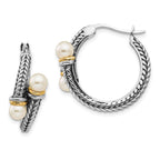 Shey Couture Sterling Silver with 14K Accent Antiqued 4mm Freshwater Cultured Pearl Hoop Earrings