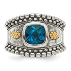 Shey Couture Sterling Silver with 14K Accent Antiqued Checkerboard Cushion London Blue Topaz Ring
