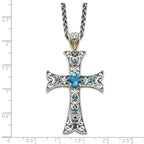 Shey Couture Sterling Silver with 14K Accent 18 Inch Antiqued Round London Blue Topaz Cross Necklace