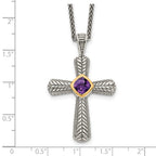 Shey Couture Sterling Silver with 14K Accent 18 Inch Antiqued Cushion Bezel Amethyst Cross Necklace