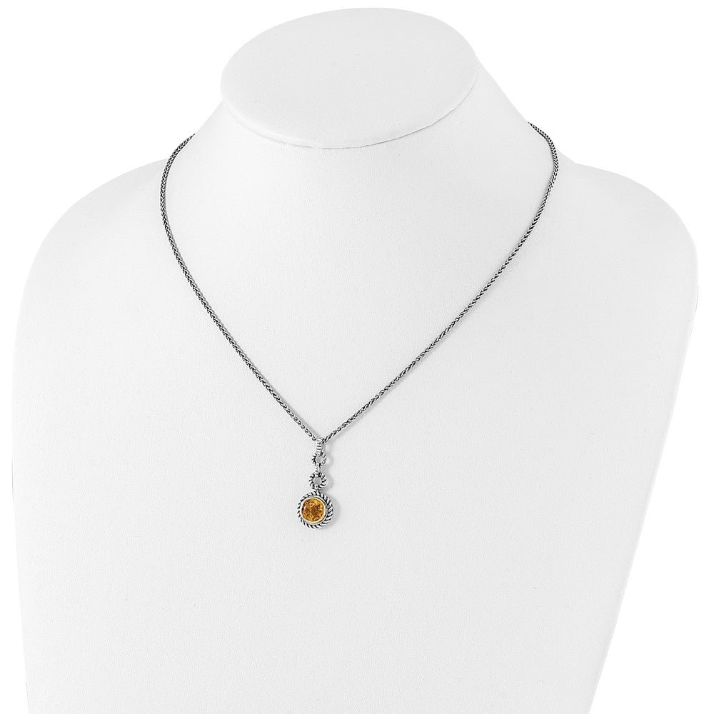 Shey Couture Sterling Silver Gold-tone Flash Gold-plated 18 Inch Antiqued Round Bezel Citrine Necklace