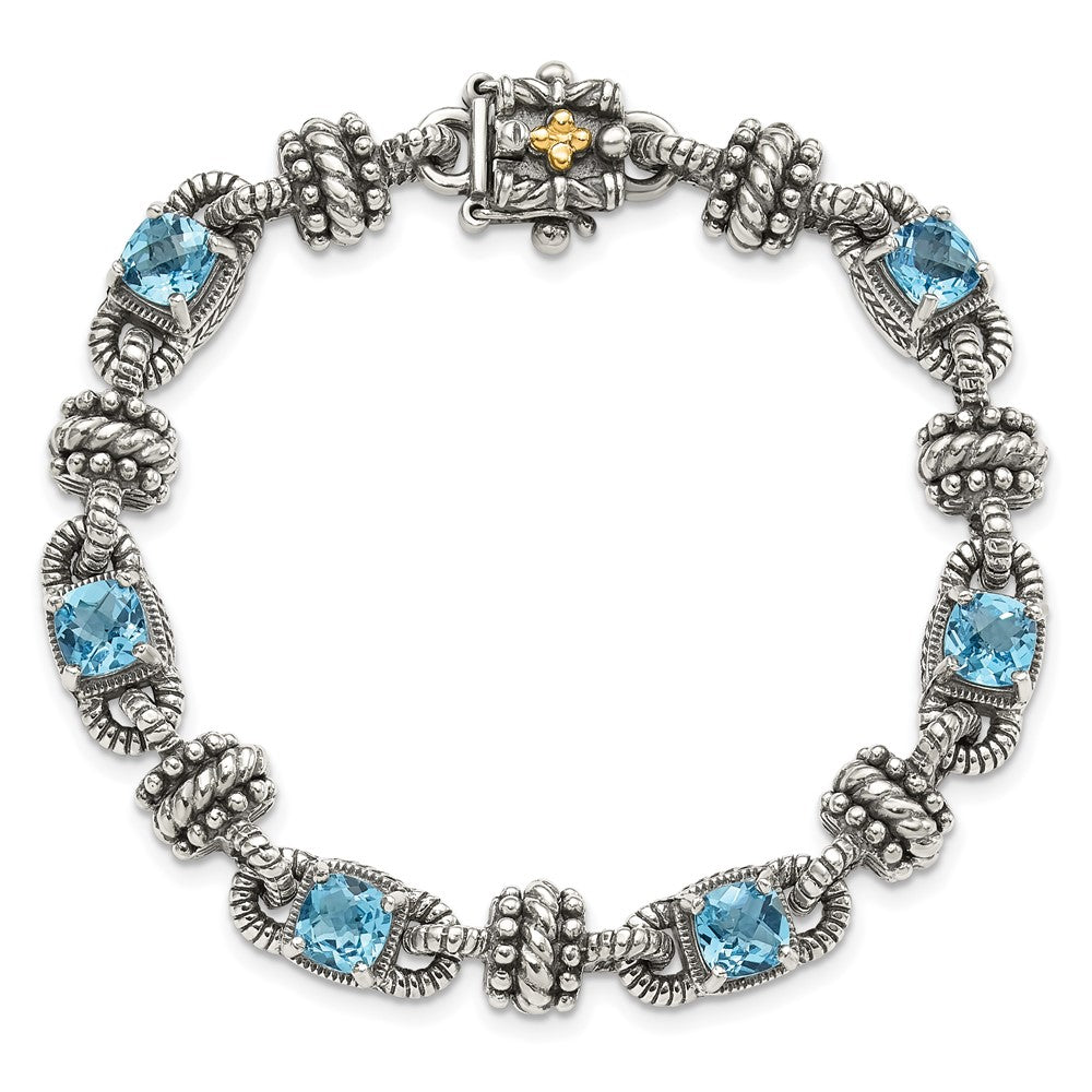 Shey Couture Sterling Silver with 14K Accent 7.5 Inch Antiqued Cushion Swiss Blue Topaz Bracelet
