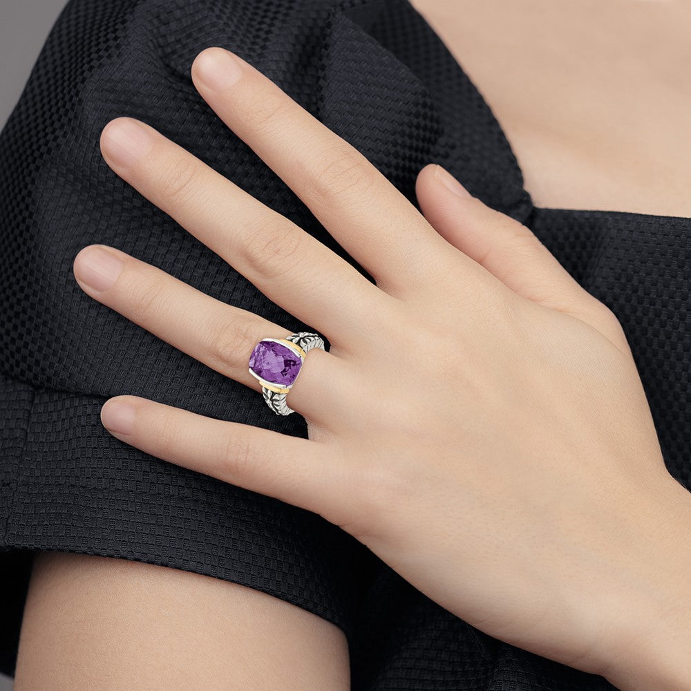 Shey Couture Sterling Silver with 14K Accent Antiqued Checkerboard-cut Cushion Chanel-set Amethyst Ring