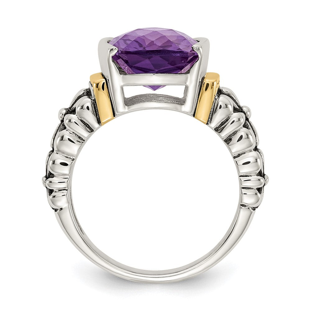 Shey Couture Sterling Silver with 14K Accent Antiqued Checkerboard-cut Cushion Chanel-set Amethyst Ring