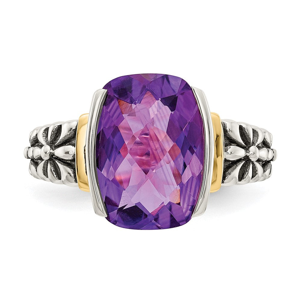 Shey Couture Sterling Silver with 14K Accent Antiqued Checkerboard-cut Cushion Chanel-set Amethyst Ring