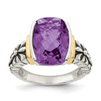 Shey Couture Sterling Silver with 14K Accent Antiqued Checkerboard-cut Cushion Chanel-set Amethyst Ring