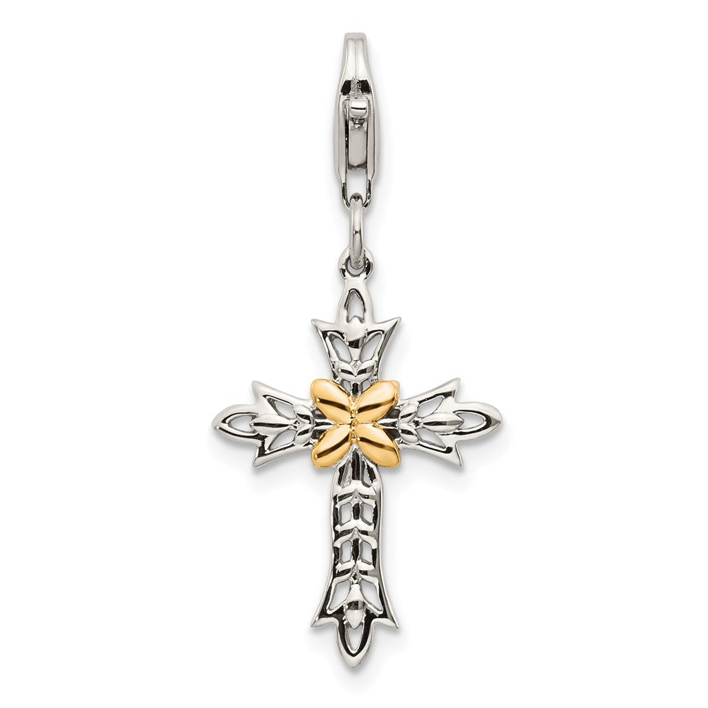 Shey Couture Sterling Silver with 14K Accent Antiqued 3-D Antiqued Cross with Lobster Clasp Charm
