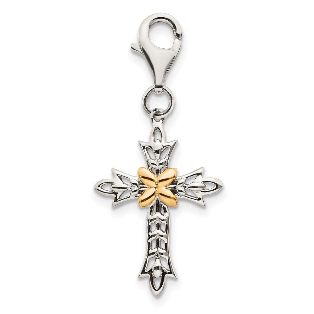 Shey Couture Sterling Silver with 14K Accent Antiqued 3-D Antiqued Cross with Lobster Clasp Charm