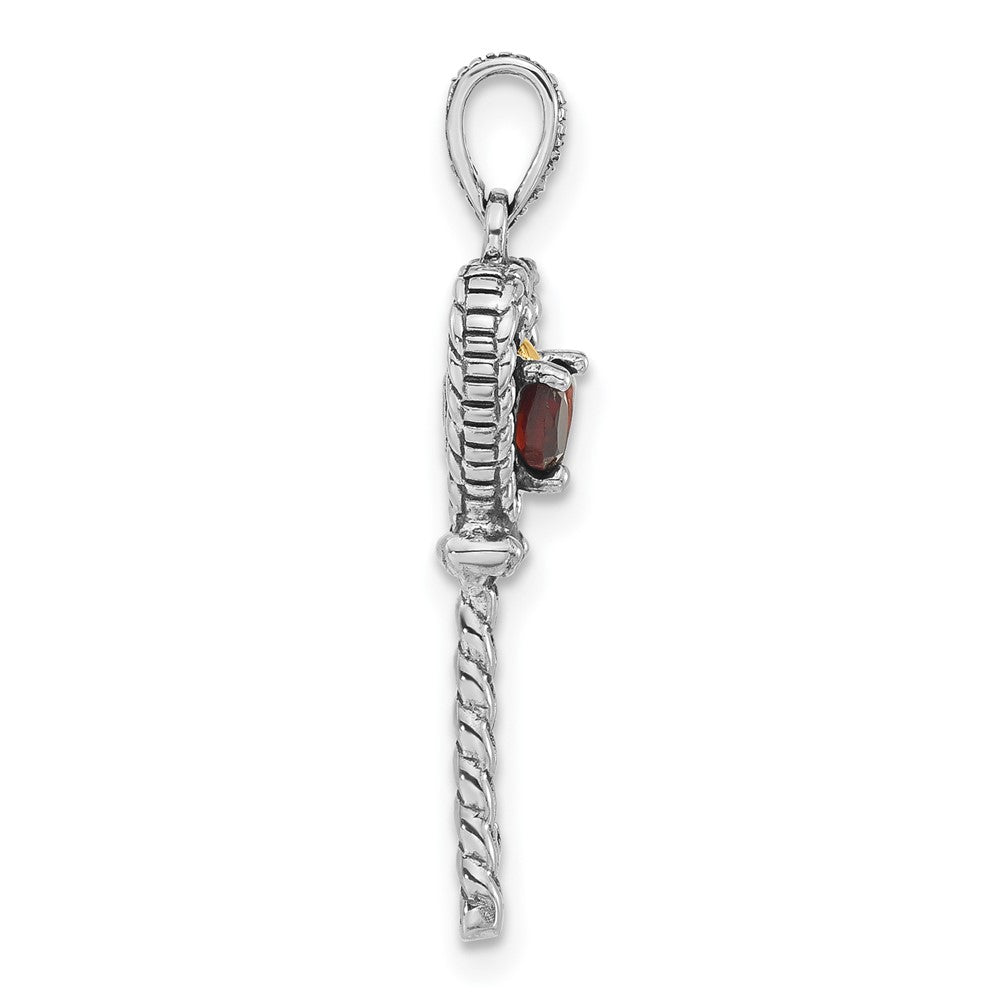 Sterling Silver w/14k Accent Polished & Antiqued Garnet Key Pendant