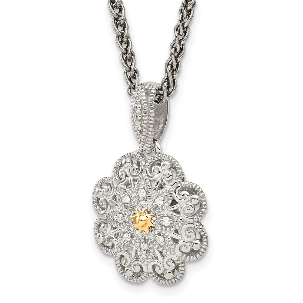 Shey Couture Sterling Silver Antiqued with 14K Accent 18 Inch Diamond Vintage Flower Necklace