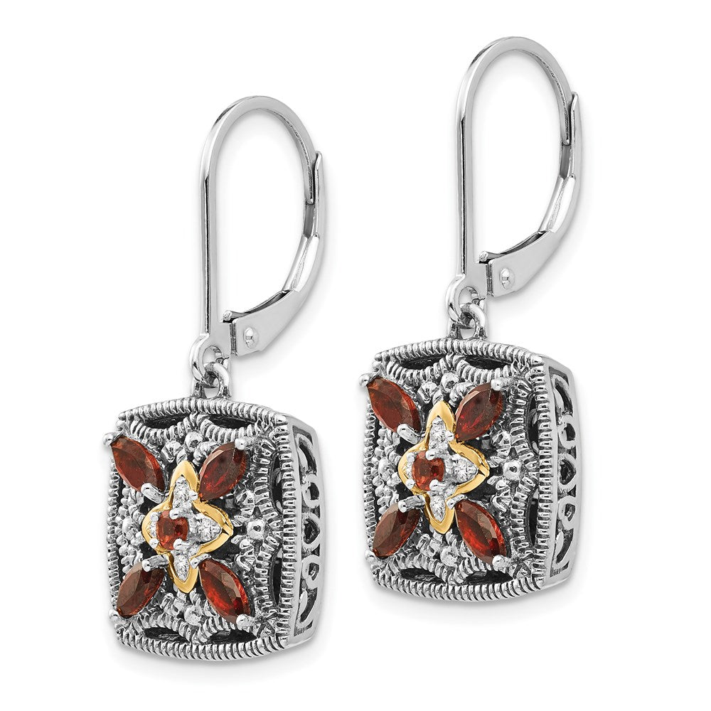 Shey Couture Sterling Silver with 14K Accent Antiqued Diamond and Marquise Garnet Leverback Earrings