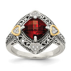 Shey Couture Sterling Silver with 14K Accent Antiqued Diamond and Checkerboard Cushion Garnet Ring