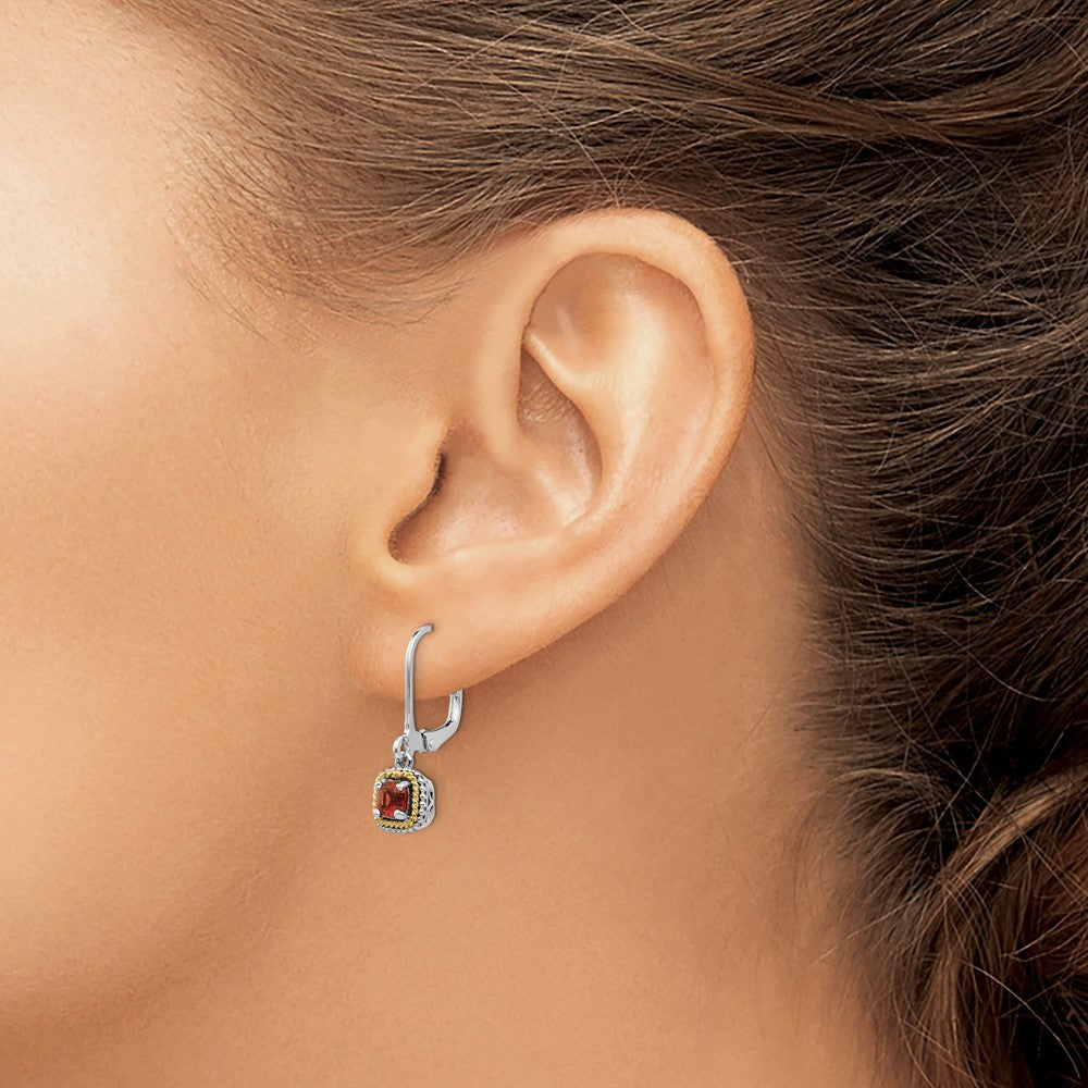 Shey Couture Sterling Silver with 14K Accent Antiqued Cushion Garnet Leverback Earrings
