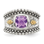 Shey Couture Sterling Silver with 14K Accent Antiqued Checkerboard-cut Cushion Bezel Amethyst Ring