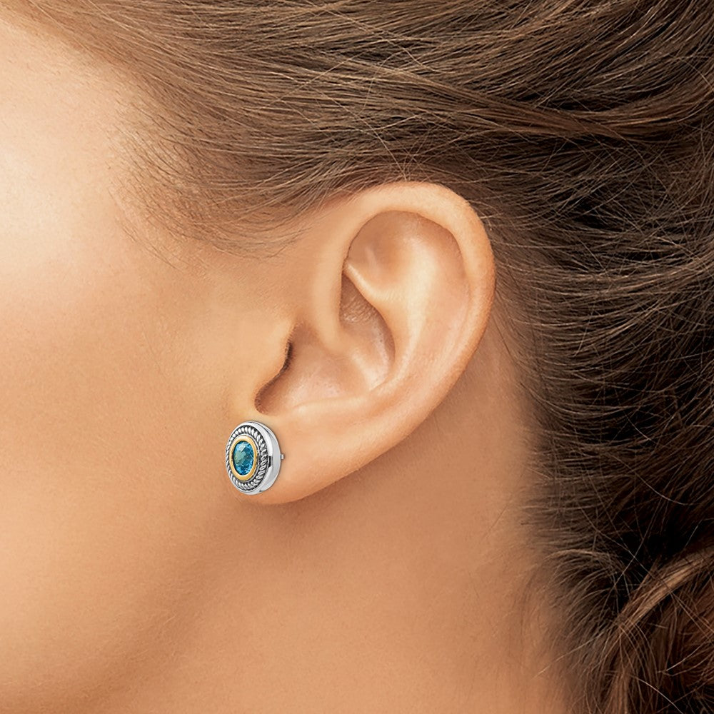 Shey Couture Sterling Silver with 14K Accent Antiqued Round Blue Topaz Post Earrings