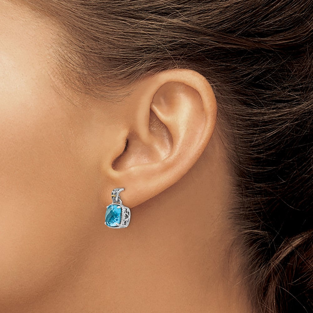Shey Couture Sterling Silver with 14K Accent Antiqued Cushion Blue Topaz Post Dangle Earrings