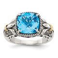 Shey Couture Sterling Silver with 14K Accent Antiqued Cushion Checkerboard Blue Topaz Ring