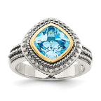 Shey Couture Sterling Silver with 14K Accent Antiqued Cushion Bezel Blue Topaz Ring
