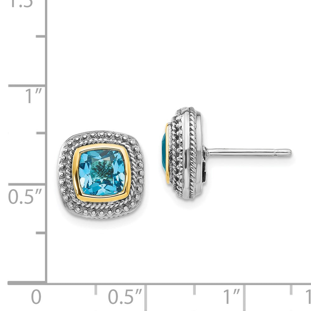 Shey Couture Sterling Silver with 14K Accent Antiqued Cushion Bezel Blue Topaz Post Earrings