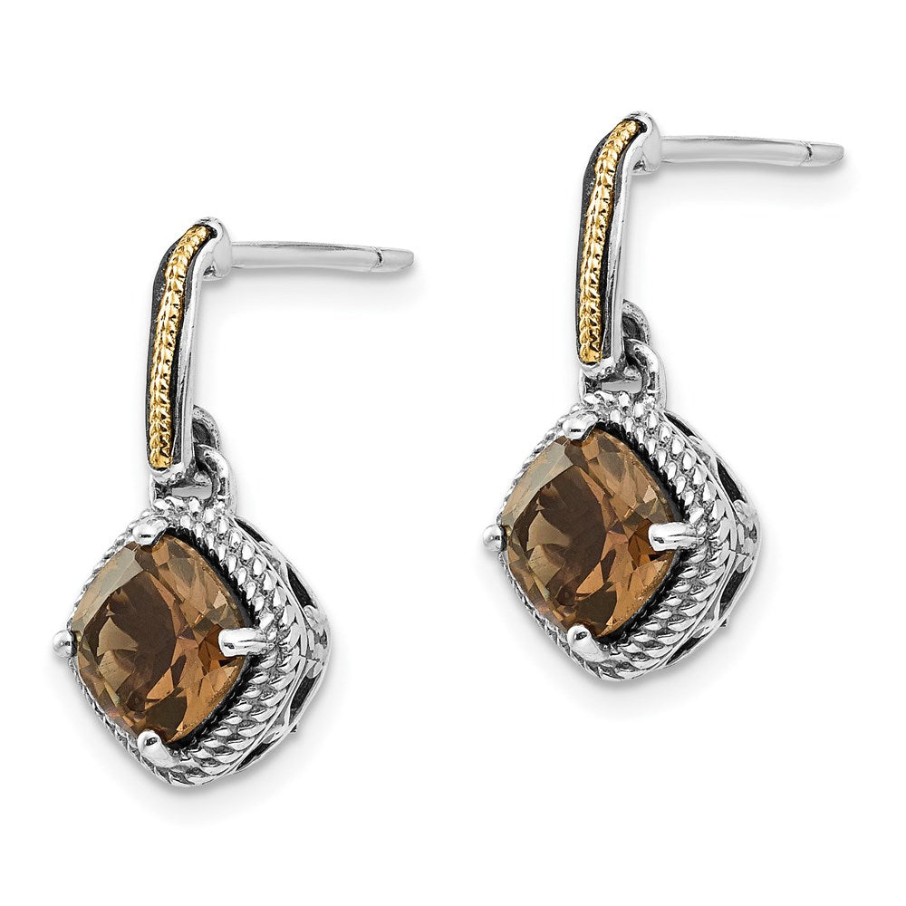 Shey Couture Sterling Silver with 14K Accent Antiqued Cushion Smoky Quartz Post Dangle Earrings