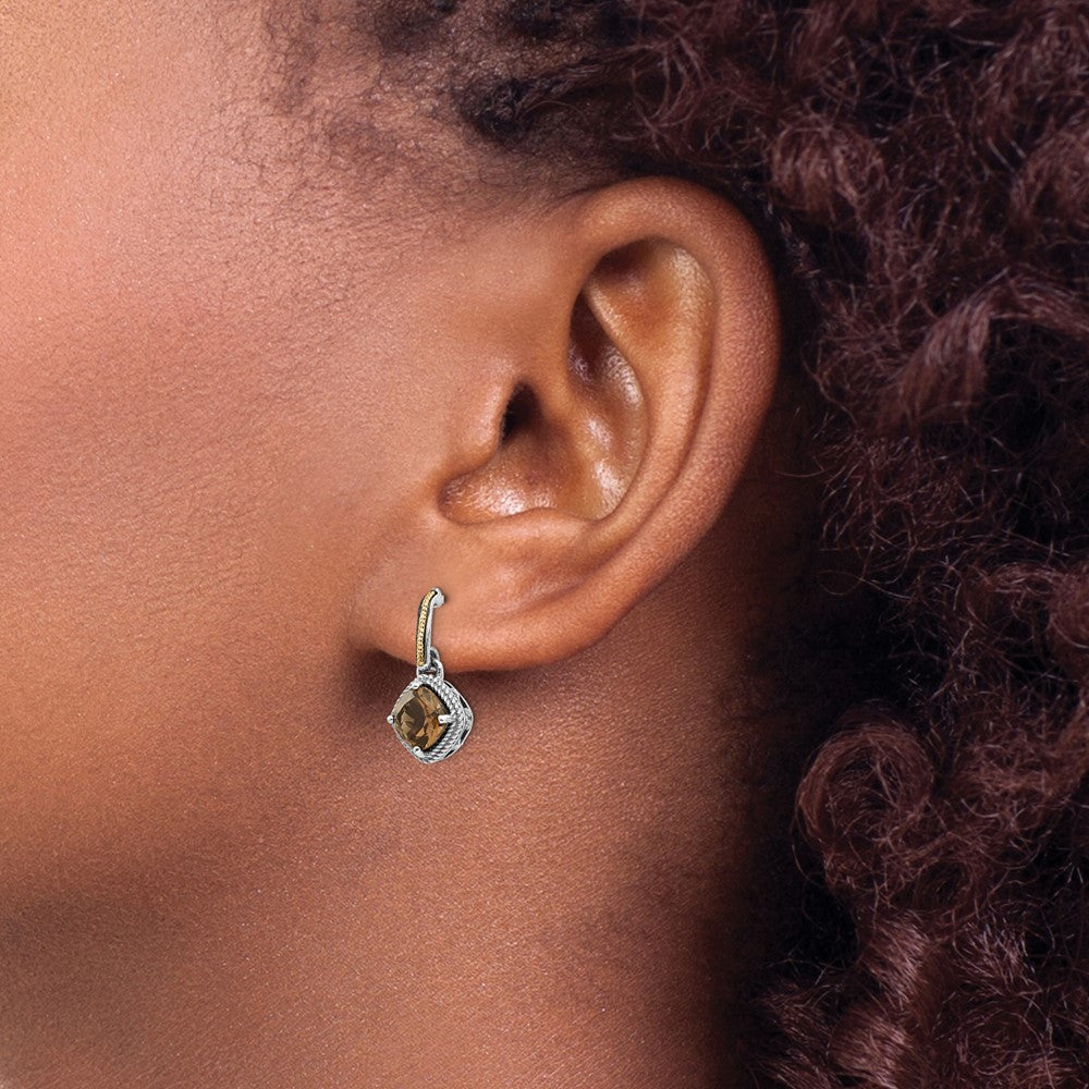 Shey Couture Sterling Silver with 14K Accent Antiqued Cushion Smoky Quartz Post Dangle Earrings