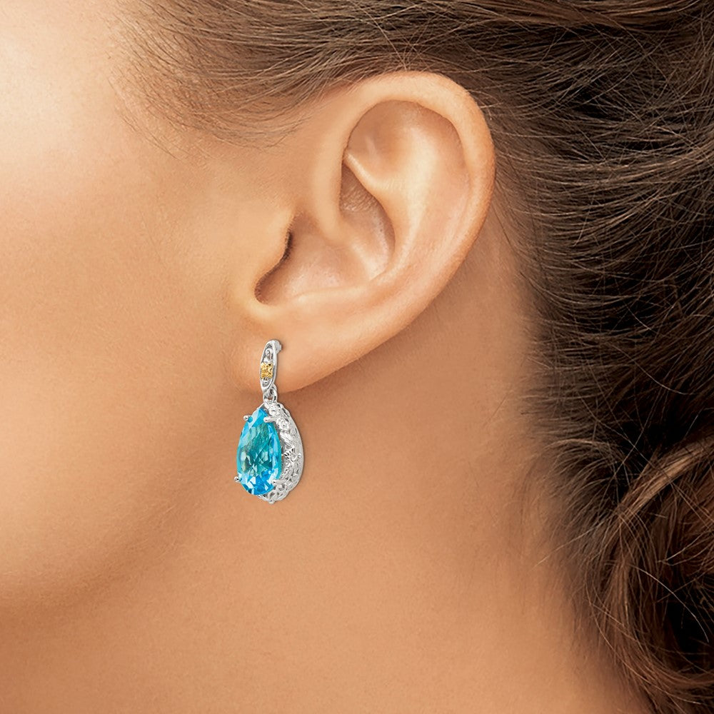 Shey Couture Sterling Silver Rhodium-plated with 14K Accent Pear Shaped Blue Topaz Post Dangle Earrings