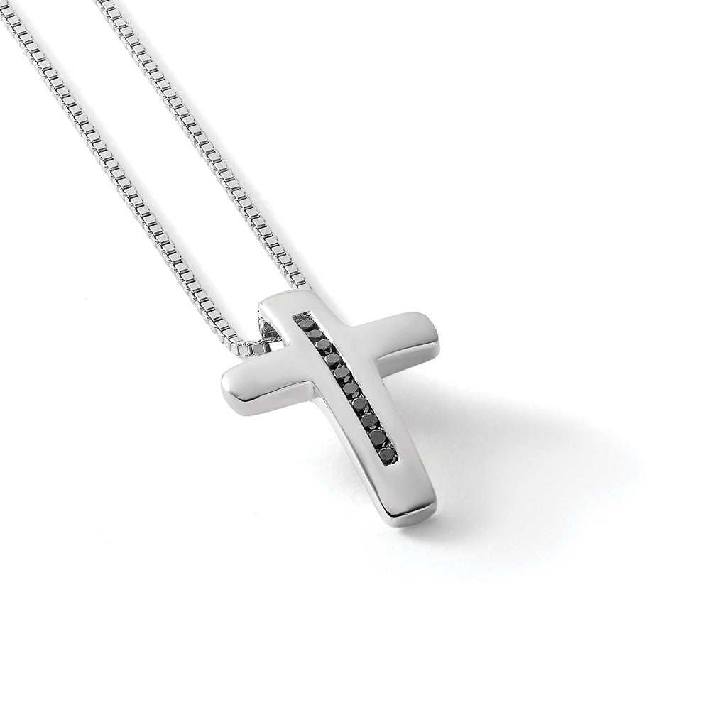 White Ice Sterling Silver Rhodium-plated 18 Inch Black Diamond Cross Necklace with 2 Inch Extender