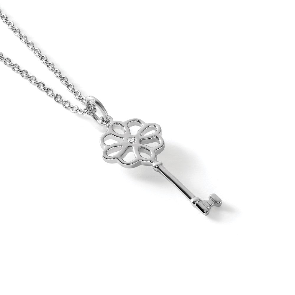 White Ice Sterling Silver Rhodium-plated 18 Inch Diamond Flower Key Necklace with 2 Inch Extender