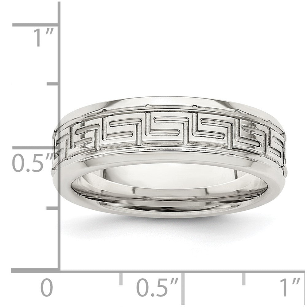 Sterling Silver 6mm Polished Flat Greek Key Design Beveled Edge Fancy Band