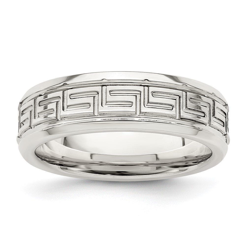 Sterling Silver 6mm Polished Flat Greek Key Design Beveled Edge Fancy Band