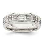 Sterling Silver 6mm Polished Flat Greek Key Design Beveled Edge Fancy Band