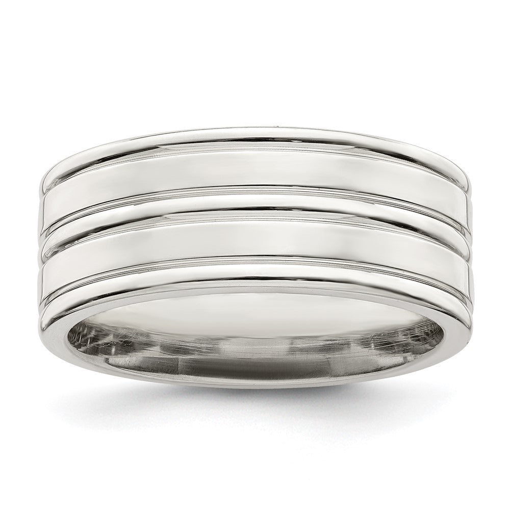 Sterling Silver 8mm Polished Flat Grooved Fancy Band