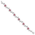 Sterling Silver Rhod-plated 7.5in Pink and Clear CZ Flower Bracelet