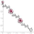 Sterling Silver Rhod-plated 7.5in Pink and Clear CZ Flower Bracelet