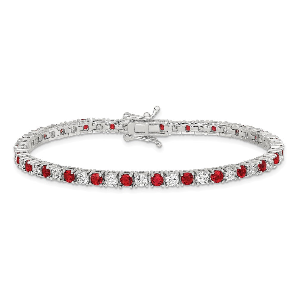 Sterling Silver Rhodium-plated Red Glass and CZ  7 inch Bracelet