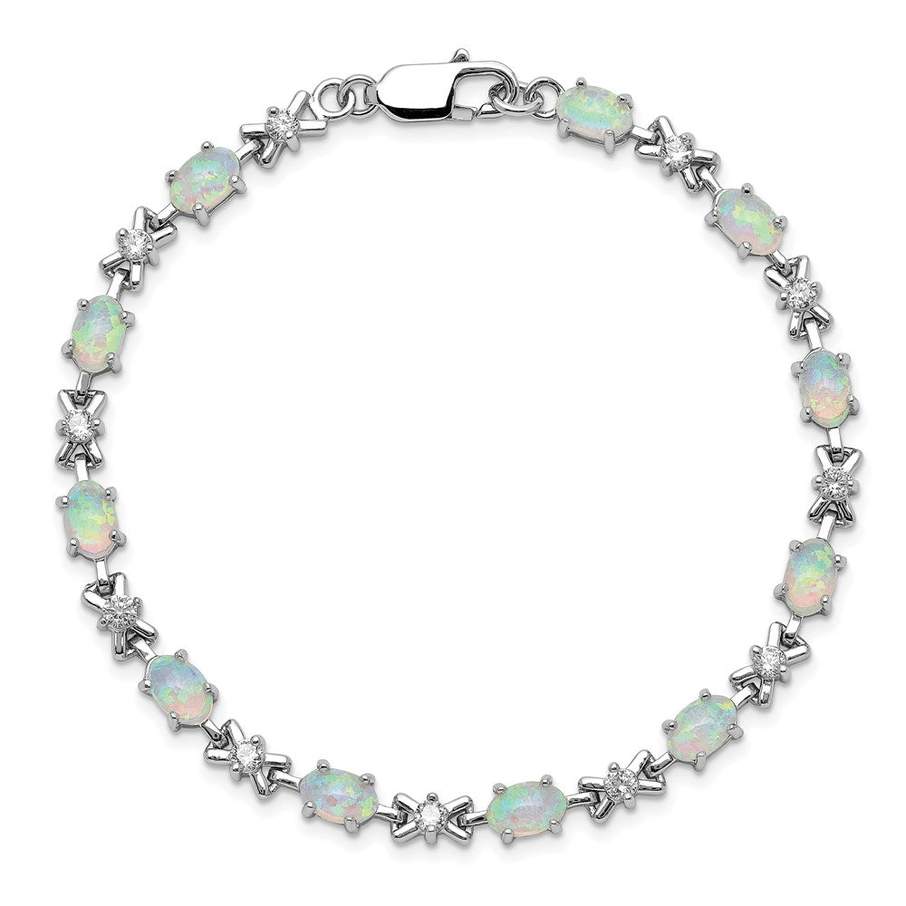 Sterling Silver Rhodium-plated CZ and Created Opal XO 7inch Bracelet