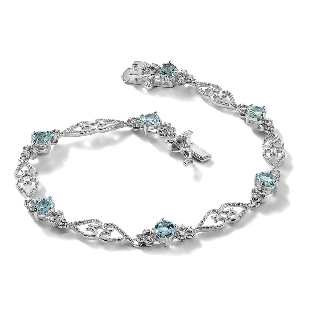 Sterling Silver Rhodium-plated Diamond Aquamarine Bracelet