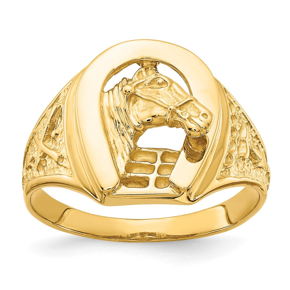 IB Goodman 14k Polished Horseshoe with Horse in Center Mens Ring