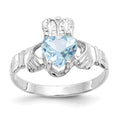 14k White Gold March CZ Heart Birthstone Claddagh Ring