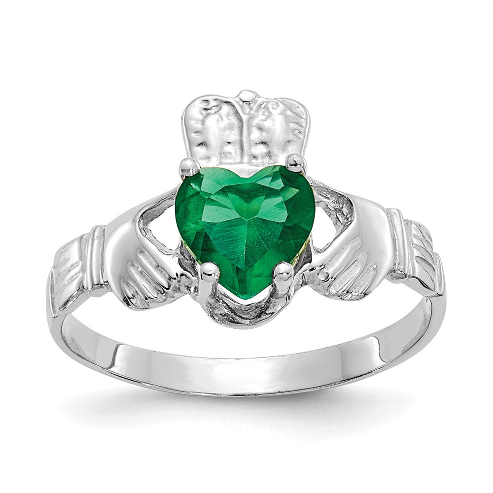 14k White Gold May CZ Heart Birthstone Claddagh Ring