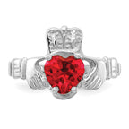 14k White Gold July CZ Heart Birthstone Claddagh Ring