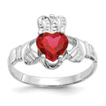 14k White Gold July CZ Heart Birthstone Claddagh Ring