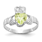 14k White Gold August CZ Heart Birthstone Claddagh Ring
