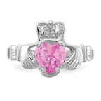 14k White Gold October CZ Heart Birthstone Claddagh Ring