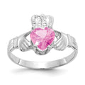 14k White Gold October CZ Heart Birthstone Claddagh Ring