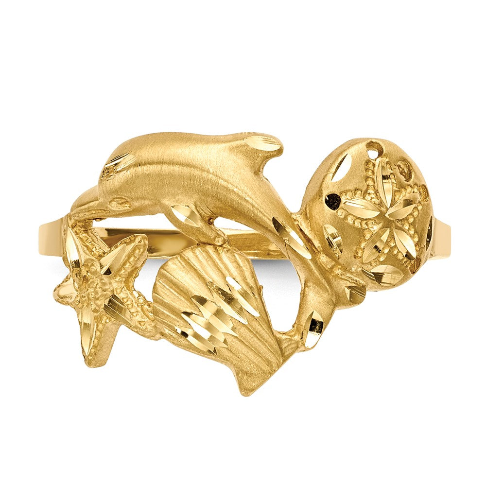14k Polished and Satin Diamond-cut Dolphin/Starfish/Shell/Sand Dollar Ring