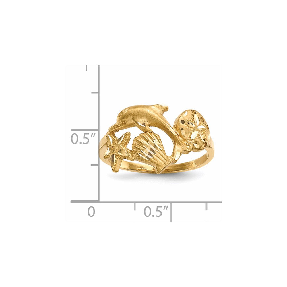 14k Polished and Satin Diamond-cut Dolphin/Starfish/Shell/Sand Dollar Ring