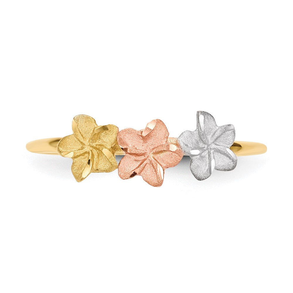 14k Two-tone with White Rhodium Polished and Satin 3 Plumeria Flowers Ring