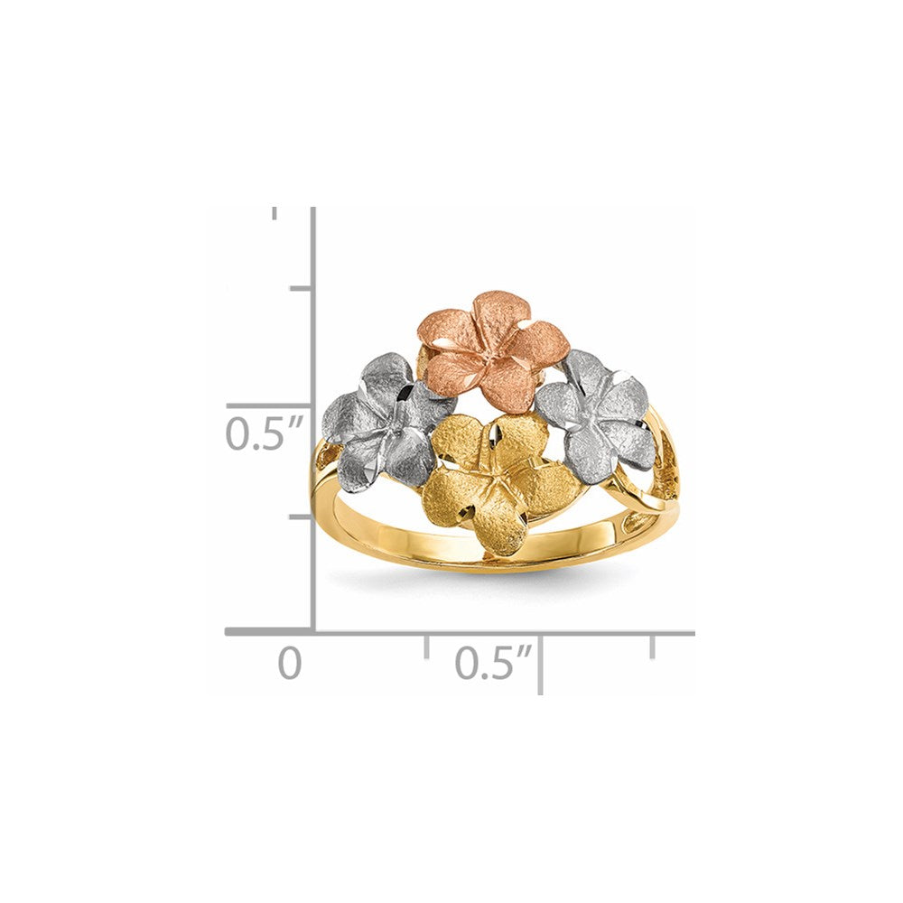 14k Two-tone with White Rhodium Polished and Satin Diamond-cut 4-Plumeria Flowers Ring
